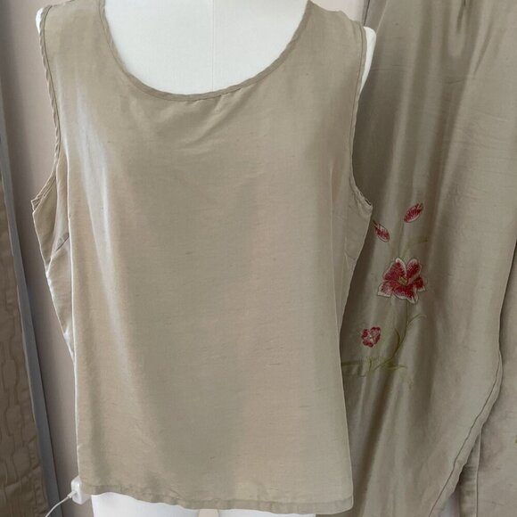 I.S.C. 100% Silk Tunic & Embroidered Pant Set Women's Large Beige Floral Luxury - Picture 2 of 12
